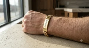 A luxury 18k gold personalized ID bracelet for men featuring a classic curb chain.