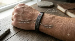 A black titanium personalized medical ID bracelet for men with custom emergency info.