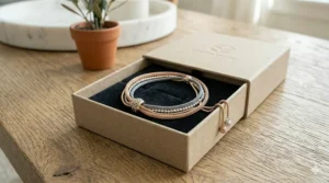 A dainty gold minimalist slider chain bracelet beautifully packaged in a sustainable jewelry gift box.
