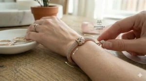 Size and adjustment guide showing how a minimalist slider chain bracelet fits different wrist sizes.