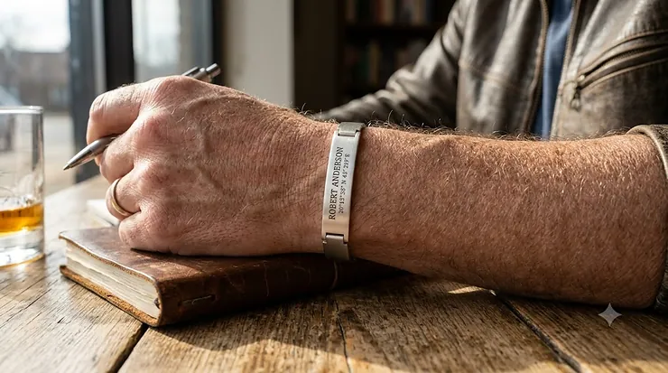 A man wearing a premium sterling silver personalized ID bracelet with custom name engraving. personalized id bracelets for men