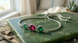 Polished sterling silver bolo bracelet inset with deep red garnet gemstones, capturing the rich contrast between the silver chain and crimson gems.