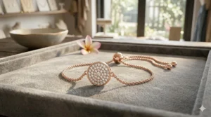 Rose gold adjustable slider bracelet accented with colorful round-cut birthstones.