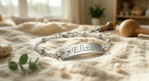 An illustration highlighting the safety features of a sterling silver baby bracelet, including a secure clasp and smooth edges.