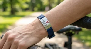 Illustration of a woman in workout attire wearing a waterproof, stylish silicone medical alert bracelet.