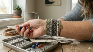 Multiple beaded friendship bracelets for adults stacked together alongside a luxury wristwatch for a bohemian-chic fashion look.