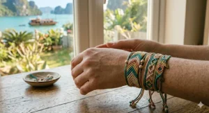 A person wearing a stack of multiple handmade macrame friendship bracelets on their wrist in a sunny outdoor setting.