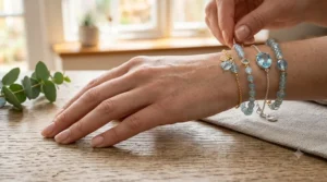 Illustration of how to stack and layer aquamarine birthstone bracelets with other silver and gold jewelry.