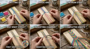 Close-up diagram illustrating a step-by-step knotting technique for weaving a friendship bracelet.