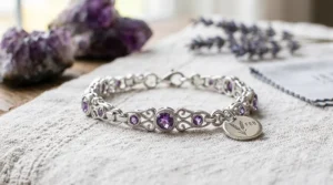 Elegant sterling silver chain bracelet featuring dangling round-cut purple amethyst stones for February birthdays.