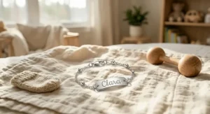Close-up detail of a sterling silver baby name bracelet showing the crisp, high-quality custom engraving.