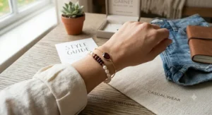 An illustration of a modern casual outfit paired with stacked garnet January birthstone bracelets.