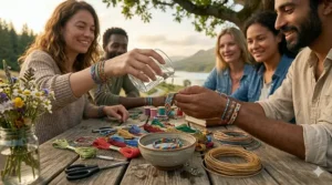 Close up flat lay of a single multi-colored waterproof friendship bracelet showcasing the durable wax-coated string texture.