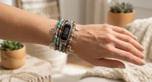 Handcrafted elastic beaded boho style jewelry bracelet strap fitted on a Fitbit device