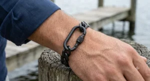 Matte black PVD-coated stainless steel carabiner bracelet on a model's wrist