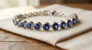 A classic sterling silver tennis bracelet set with brilliant-cut blue sapphire gemstones.