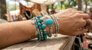 Stack of three bohemian style December birthstone turquoise bracelets with silver accents.