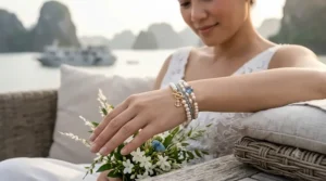 A bride wearing elegant June birthstone pearl bracelets that complement her white lace wedding dress.