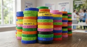 Stack of colorful bulk silicone bracelets for cause awareness campaigns and community walks.