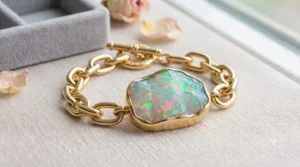 A bold statement piece fashioning large cable chain links with an oversized raw cut October birthstone opal centerpiece.