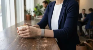 Woman styling a classic stainless steel mesh bracelet with casual business attire for an everyday look.