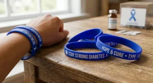 Blue color-filled silicone bracelets for diabetes awareness with custom motivational text.