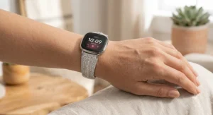 Sparkly crystal encrusted cuff jewelry bracelet housing a Fitbit Versa smartwatch
