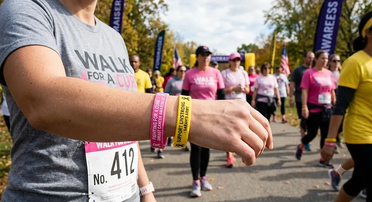 Custom pink and yellow silicone bracelets for cancer awareness and charity fundraising events.