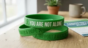 Close-up of debossed silicone bracelets for mental health awareness featuring crisp white text.