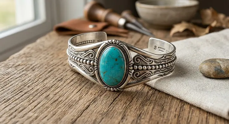December birthstone turquoise bracelet featuring a genuine oval turquoise stone set in a sterling silver cuff.