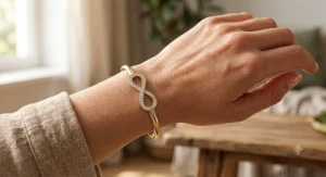 Elegant 14k yellow gold infinity cuff bracelet accented with micro-pave diamonds.