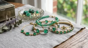 A continuous white gold tennis bracelet featuring brilliant cut green emerald birthstones for May birthdays.