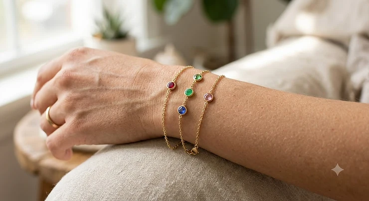 Gold family birthstone bracelet for mom featuring four delicate circular gemstones on a minimalist chain. family birthstone bracelets for mom