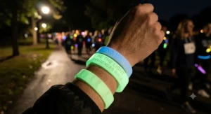 Glow in the dark silicone bracelets for night awareness walk displaying custom slogan.