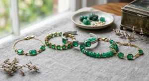 A delicate 14k gold chain emerald birthstone bracelet for May showing a single minimalist round cut gemstone.