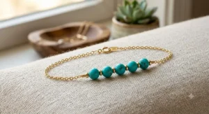 Dainty 14k gold chain bracelet adorned with round December birthstone turquoise beads.
