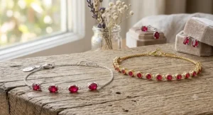 A classic gold tennis bracelet style jewelry illustration showcasing vibrant red July birthstone rubies.