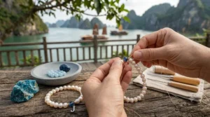 A jeweler carefully hand-knotting silk thread between pearls to create durable June birthstone pearl br
