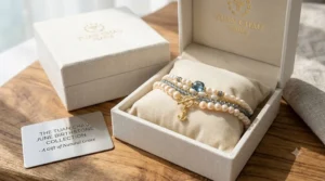 An elegant velvet jewelry box opening to reveal a classic June birthstone pearl bracelet, perfect for a birthday gift.