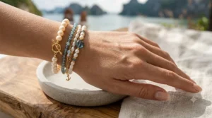 A model stacking multiple June birthstone pearl bracelets with gold chain bangles for a modern look.