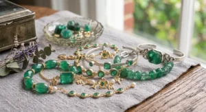 An illustrative guide detailing the meaning, history, and care tips for emerald birthstone bracelet