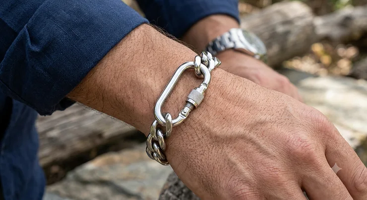 Men's polished stainless steel carabiner bracelet with a functional screw-lock clasp