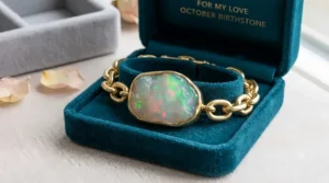 A luxury October birthstone opal jewelry piece displayed inside a velvet gift box, perfect for a personalized birthday or anniversary gift.