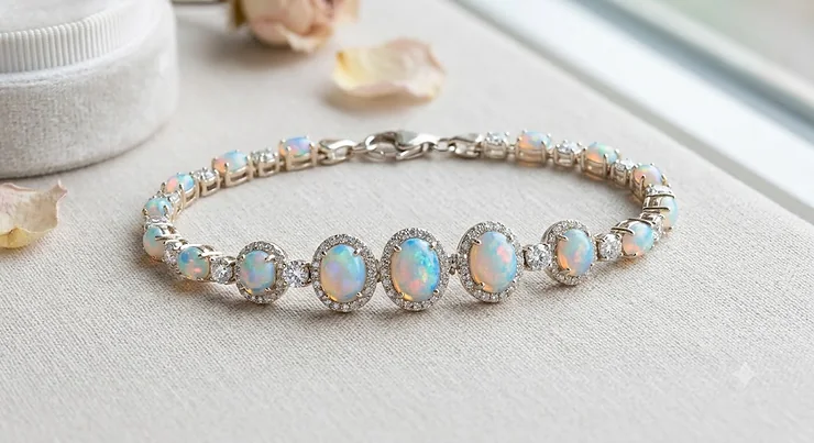 An elegant October birthstone opal bracelet with brilliant cut diamond accents set in 14k white gold on a neutral background. october birthstone opal bracelets