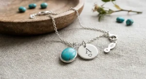Personalized sterling silver charm bracelet with a December birthstone turquoise drop charm and an initial disc.