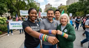 Group of volunteers wearing screen printed silicone bracelets for nonprofit awareness rally.