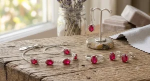Boho style bracelet crafted with natural raw beaded July birthstone ruby crystals.