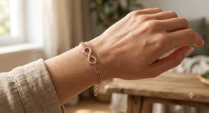 Women's rose gold infinity bracelet featuring a double-strand chain and polished symbol.