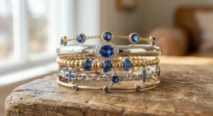 A stack of multiple gold and silver bracelets featuring various blue sapphire designs.