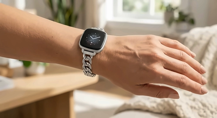 Silver chain link jewelry bracelet band designed as a stylish replacement for Fitbit smartwatches jewelry bracelets for fitbit